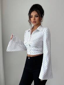 INAWLY Women's Elegant Casual Pleated Flare Sleeve Polka Dot Open Front Blouse, Suitable For Travel, Vacation, And Dates, Autumn/Winter Fall Cloth For Women - White - View 4