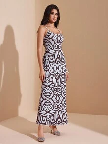 JIAN LASALA Robe longue en jersey imprimé tout-sur-tout avec bretelles spaghetti. Robe d'été et d'automne décontractée pour vacances, élégante, pour sortie, soirée, mariage. Luxueuse pour femmes - Multicolore - Voir 3