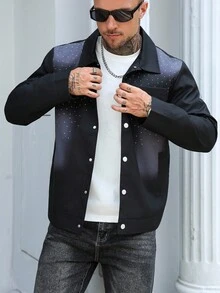 Manfinity Homme 男士夹克和外套万圣节派对男士水钻夹克男士铆钉夹克男士装饰夹克男士按扣夹克水钻铆钉夹克，秋季 - 黑色 - 查看 4