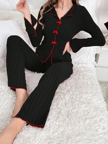 Women's Casual Bow Decor Pajama Set, Fall Winter Clothes - Black - View 6