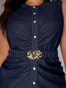 SHEIN ICON 大码女式褶饰单排扣圆领无袖褶饰修身牛仔连衣裙 - 藍色 - 查看 7