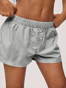 SHEIN BASICS 女式休闲浅蓝色编织平角裤，带白色条纹，宽松，低腰 - 綠色 - 查看 5