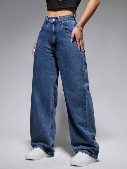 Jeanoix Women's High Waist Pocketed Wide Leg Loose Casual Versatile Denim Pants