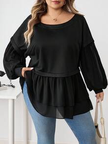 SHEIN CURVE+ Plus-Size Mesh Splicing Style Black Doll-Style Sweater With A Flared Hem Winter Fall Autumn/Autumn /Winter - Black - View 2