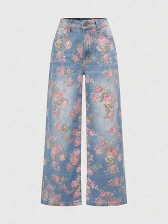 Jeans a gamba dritta con stampa floreale retrò casual