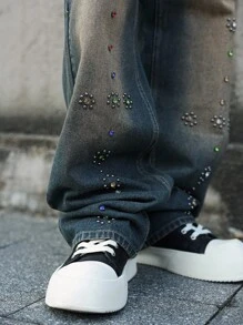 Major Grit Manfinity Streetrush Men's Grey Summer Streetwear City Break Tie-Dye Distressed Rhinestone Embellished Washed Denim Baggy Jeans Y2K Acid Washed Pants - Multicolor - View 6