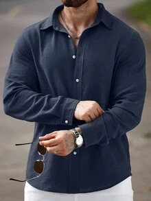 Manfinity CasualCool 男士休闲纯色前扣长袖衬衫，秋季男士夏季海军蓝度假衬衫，秋季 - 寶藍色 - 查看 5