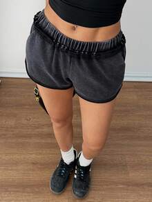 SHEIN PETITE Quần short giặt họa tiết ngôi sao cạp chun thường ngày cho nữ, mùa hè - màu đen - Xem 7