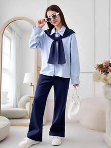 Teenage Girl Solid Color Long Sleeve Button Up Blouse + Straight Leg Pants 2pcs Outfit - Blue - View 1