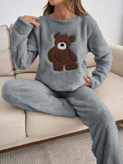 EURMUSE 2pcs Plush Bear Embroidery Detail Homewear PJ Set