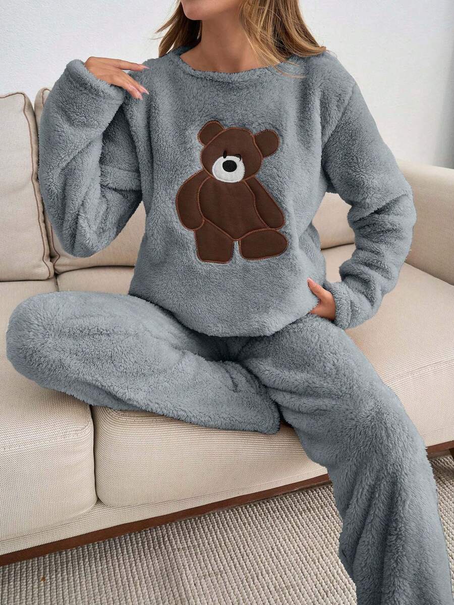 EURMUSE 2pcs Plush Bear Embroidery Detail Homewear PJ Set - Grey - View 1