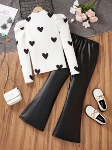 SHEIN Leap Crew Tween 女孩时尚针织心形贴片领运动衫和 PU 皮革喇叭裤套装 - 紫色 - 查看 7