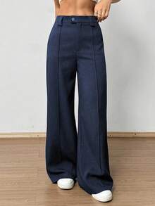 Flirla Quần ống đứng cạp cao màu xám dành cho nữ, thời trang và đa năng khi đi làm - Màu xanh hải quân - Xem 3