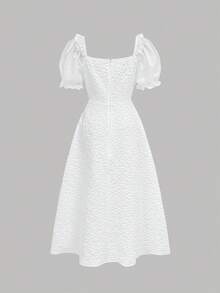 Pitira Tween Girls White Square Neck Mesh Ruffle Puff Sleeve Floral Jacquard Fabric Elegant Party Dress Fall Winter Girls Puffy Sleeve Dress Tween Girl White Elegant Dress Tween Girl  Elegant White Puffy Sleeve Dress - White - View 2