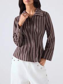 LYSMO LYSMO 2025 Nuevas llegadas de otoño Camisa de cintura a rayas casual/informal para mujer / Camisa con cintura / Corbata / Bordado / Divertido / Años 2000 / Lindo / Bohemio / Vacaciones / Casual de negocios para mujer / Estilo de hada / Ropa de fiesta / Ropa de aeropuerto / Blusas / Ropa formal / Ropa de vacaciones / Lindo / Estilo occidental / Estilo campestre / Pionero / Estilo minimalista / Camisas divertidas / Camisas para el otoño Blusa marrón