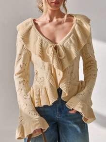 CLARA VERO Spring Autumn Casual Hollow Out Heart Shape Pattern Ruffle Pattern Tie Front Cardigan,Cardigans For Women,Cardigans,Winter Clothes - Apricot - View 8