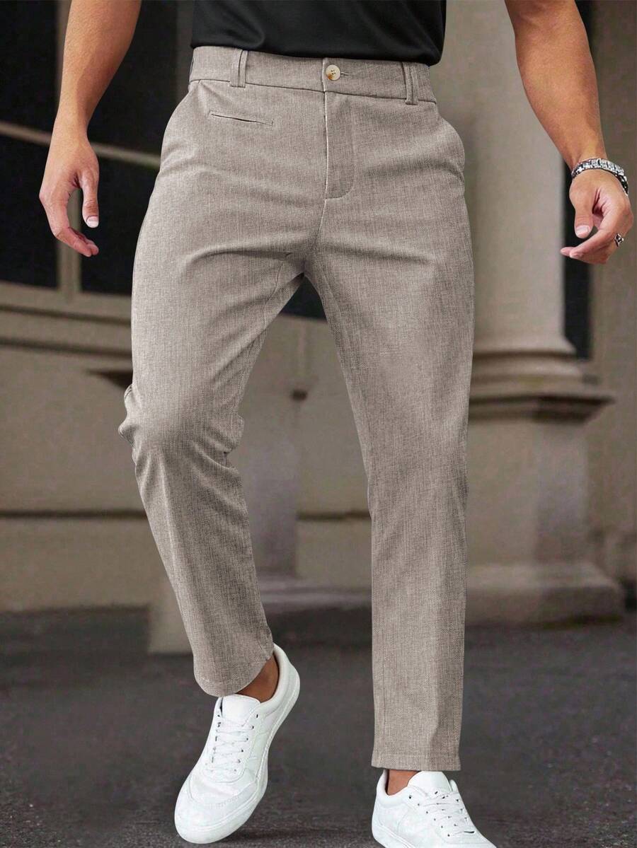 Calvornis 男士商务休闲条纹梭织西装裤 - 卡其色 - 查看 1