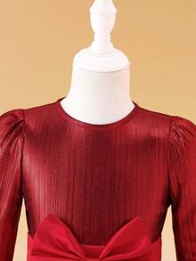 Glamorique Kids Young Girls' Autumn/Winter New Metallic Satin Wedding Dress Design Elegant Party Long Sleeve Dress,Christmas Dress Fall - Burgundy - View 4