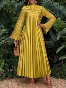 SHEIN Lady 秋冬优雅派对婚礼酒会波西米亚海滩金色立领编织荷叶边A字裙长款大码连衣裙黄色夏装女黄色度假连衣裙 - 黃色 - 查看 4