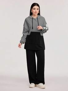 Veilorie Two Tone Striped Side Drawstring Hoodie & Pants Set 2 Pieces Set - Dark Grey - View 3
