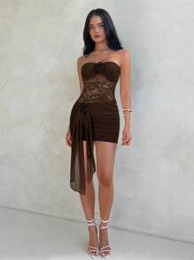 Aloruh Women's Sexy Elegant Lace Patchwork 3D Floral Decor Fitted Mini Beach Vacation Dress