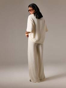 AiiRZ 罗纹针织 Polo 领两件套家居服套装阔腿裤冬秋季休闲套装舒适优雅家居休闲服 - 杏色 - 查看 2