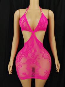 ChaseTheNight 女士性感内衣透明黑色网眼连衣裙 - 玫紅色 - 查看 4