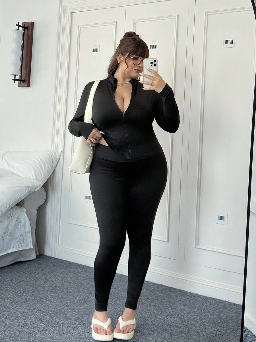 CovetEZ Plus Size Black Slimming High Stretch Shaping Leggings Sets - Black - View 1