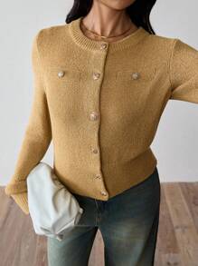 Rafferiza Cárdigan de manga larga de punto de diseño versátil y casual para mujeres - Caqui - Ver 7