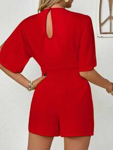 INAWLY 女士优雅度假系带蝴蝶结喇叭袖休闲连体裤 - 紅色 - 查看 2