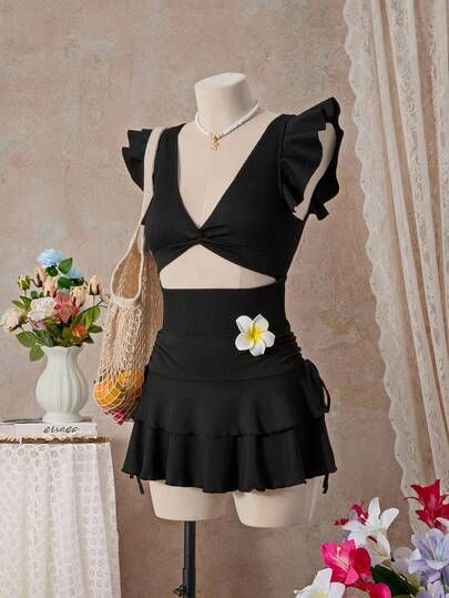 SHEIN Swim 純色中空樹脂前開衩設計泳衣,設有扭結前緣和荷葉邊修飾