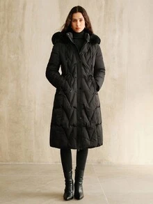 Anewsta 女款长款黑色连帽毛领大衣，束腰，防寒，秋冬 - 黑色 - 查看 3