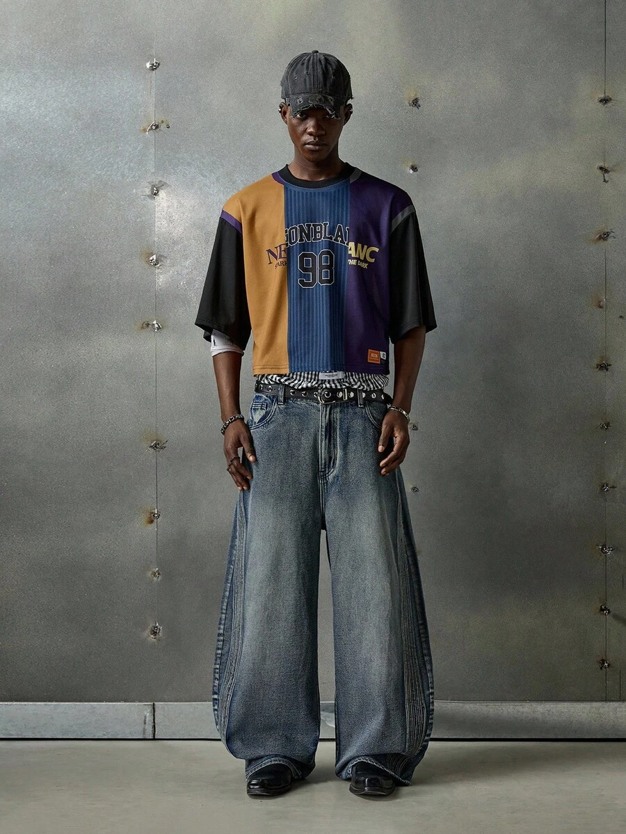 NEON BLANC Men's Casual Washed Webbing Wide Leg Jeans