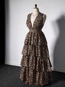 Viva Relle 大码女式优雅性感无袖豹纹荷叶边下摆长裙，夏季，轻盈连衣裙，质感，精致，派对，宴会，明星，女王，服装，多功能，社交，大裙摆，凸显身材，大气，猎豹印花连衣裙 - 卡其色 - 查看 1
