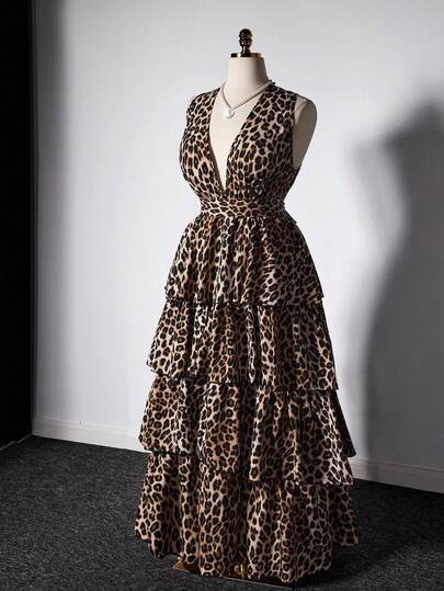 Viva Relle 大码女式优雅性感无袖豹纹荷叶边下摆长裙，夏季，轻盈连衣裙，质感，精致，派对，宴会，明星，女王，服装，多功能，社交，大裙摆，凸显身材，大气，猎豹印花连衣裙