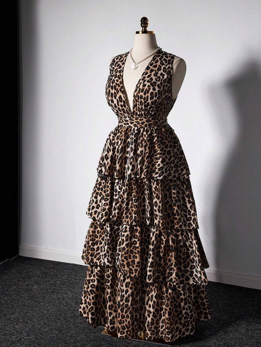 Viva Relle 大码女式优雅性感无袖豹纹荷叶边下摆长裙，夏季，轻盈连衣裙，质感，精致，派对，宴会，明星，女王，服装，多功能，社交，大裙摆，凸显身材，大气，猎豹印花连衣裙 - 卡其色 - 查看 1