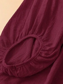 Linhara Plus Size Casual Solid Color Lantern Sleeve Shirt - Burgundy - View 5