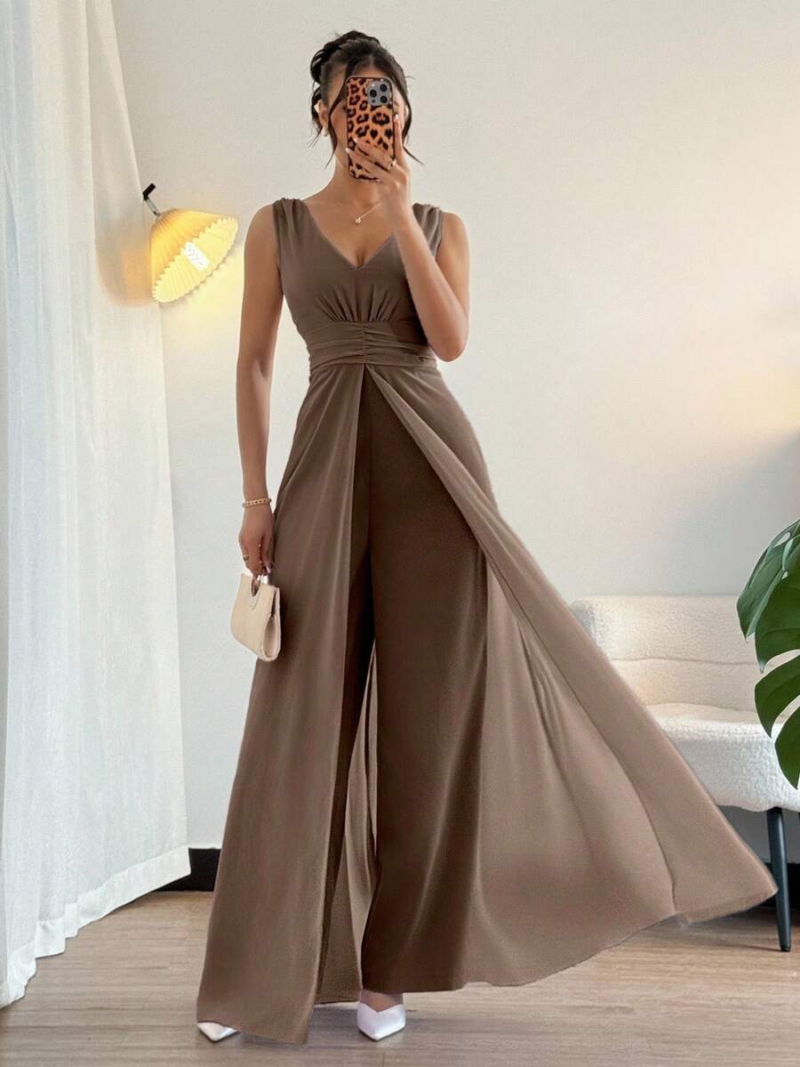 Rafferiza Elegant V-Neck Pleated Waist Pearl Chiffon Wide Leg Jumpsuit, Suitable For Wedding Guest Attire, Purple - Coffee Brown - View 1