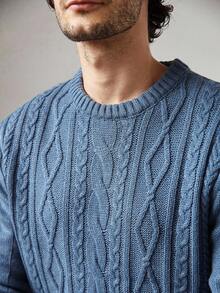 Manfinity CityGents 男士休闲针织圆领长袖毛衣，秋冬男士麻花针织毛衣蓝色毛衣