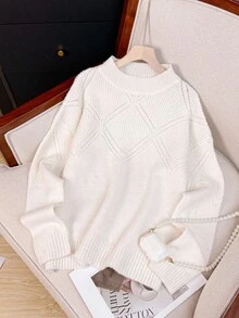 Franclia Women's Autumn Dropped Shoulder Long Sleeve Crochet Hollow Out Stand Collar Sweater - White - View 1