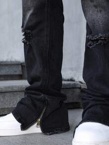 Manfinity EMRG Men's Casual Distressed Zip Ankle Denim Jeans Men S Black Ripped Jeans Ripped Jeans For Men, Grunge - Black - View 3