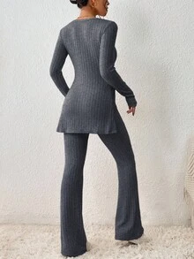 SHEIN Essnce Bộ 2 áo thun dài tay xẻ tà màu trơn cho nữ và quần ống loe - Màu xanh nhạt - Xem 2