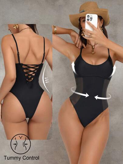 Nuvra Traje de baño de una pieza con control de abdomen, empuje hacia arriba y parches de malla para mujer, cuello redondo de malla negra