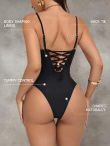 Shapewave Women's Mesh Patchwork Drawstring Tummy Control Pushup One-Piece Swimsuit, Black Mesh Round Neck - Black - View 2