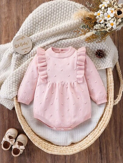 SHEIN Baby Girls Knitted Crew Neck Long Sleeve Sweater Bodysuit, Elegant & Fashionable, Suitable For Autumn/Winter, Pink, Versatile For Daily Wear, Casual, Outdoor, Travel Baby Girl Romper Baby Girl Sweater Outfit Baby Girl Sweater Romper Newborn Baby Girl Clothes Baby Girl Winter Clothes Fall