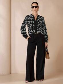 Shutterstock Glamance 女士长袖衬衫，适合通勤和外出的办公室服装，秋季佩斯利印花衬衫 - 黑色 - 查看 4