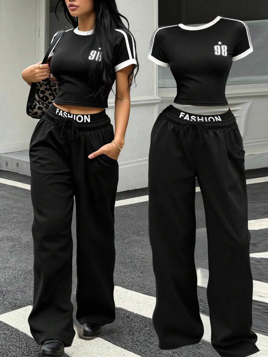 SHEIN Polyester Black Long-Length Co-Ords Set Featuring Short Sleeve Tee And Drawstring Pants Two Pieces Women Sets Women Pants And Top Set Co Ord Sets Matching Set Girl Co Ord Sets Matching Outfits Woman Women Fashion Set - Black - View 1