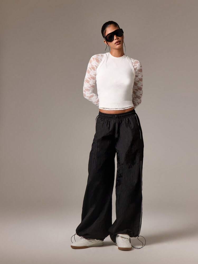 Wide Leg Track Pants With Contrast Piping
