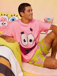 SpongeBob SquarePants | SHEIN Men's Funny Cartoon Print Short Sleeve T-Shirt And Shorts Loungewear Pajama Set, Summer