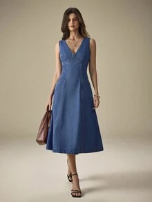Selenza 女式休闲V领无袖牛仔收腰连衣裙，夏季 - 藍色 - 查看 4